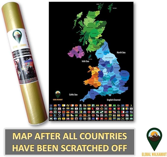 UK Scratch Off Map – Coloured Background Design – Black – A3 Size