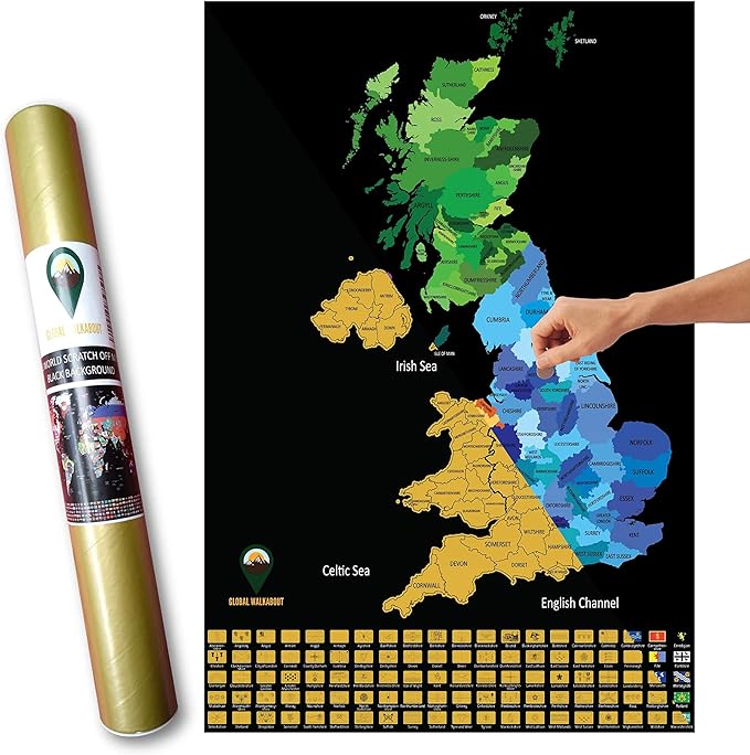 UK Scratch Off Map – Coloured Background Design – Black – A3 Size