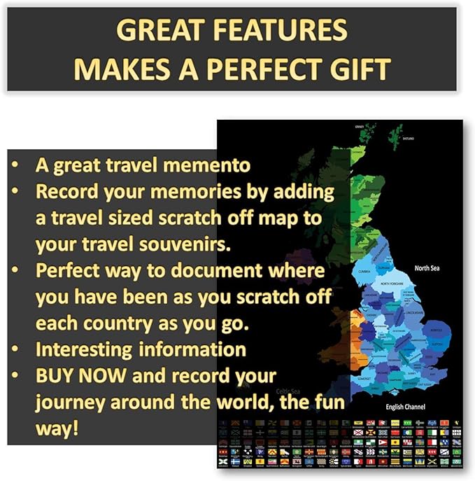 UK Scratch Off Map – Coloured Background Design – Black – A3 Size